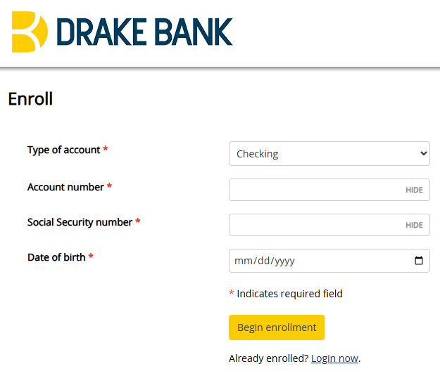 Online Banking Enrollment personal online banking enrollment screen